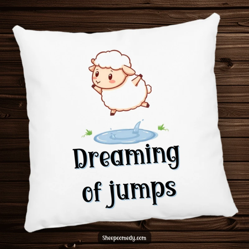 Funny sheep pillow featuring a determined sheep hopping over a sparkling puddle, soft and motivational home decor.
