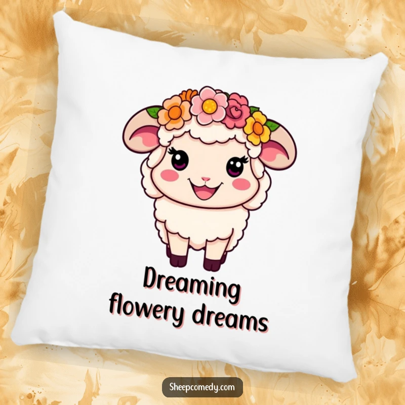 Funny Flower Crown Sheep Pillow: A smiling sheep with a colorful flower crown, a soft and humorous decorative item.