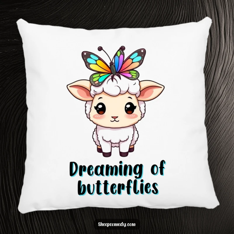 Funny sheep pillow featuring a character balancing a colorful butterfly on its head, a soft and humorous decorative item.