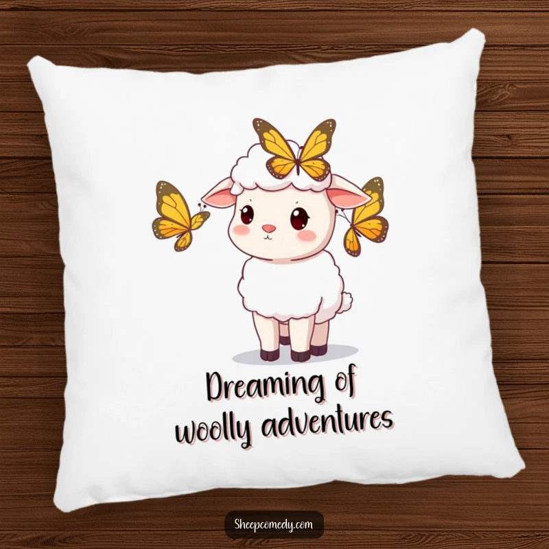 Funny sheep pillow, cute sheep with curious gaze watching a butterfly, soft and cozy, a great funny gift.