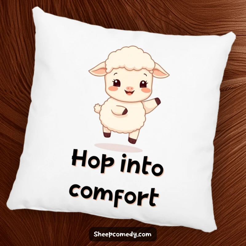 Funny sheep cub hop pillow, featuring a happy lamb in a gentle bounce, offering a soft and cheerful decorative accent.