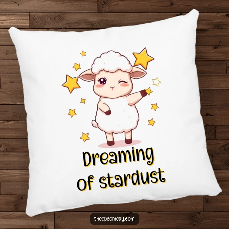 Funny pillow featuring a winking sheep artistically juggling glowing stars, offering soft comfort and cosmic humor.
