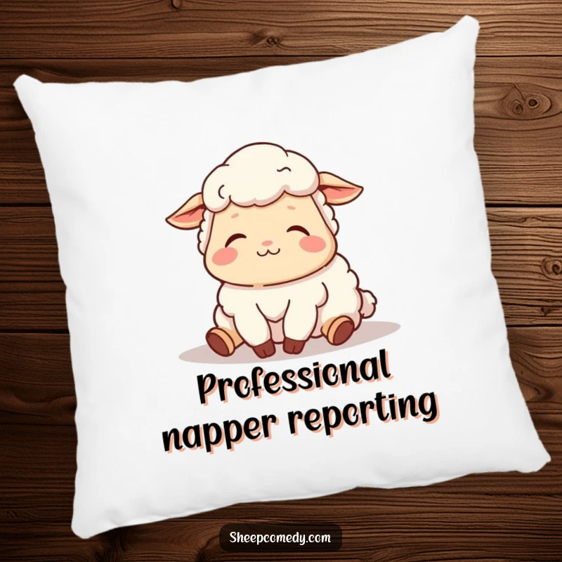 Funny pillow showcasing a sheep character contentedly napping in the sun with a peaceful sigh, offering comfort and humor.