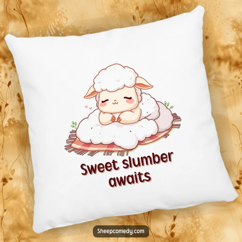 Funny pillow showcasing a sheep character taking a happy sigh nap on a fluffy picnic blanket, a cozy and humorous addition to any space.