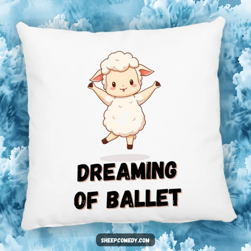 Funny Sheep pillow featuring a sheep doing a wobbly, happy pirouette, a soft humorous gift.