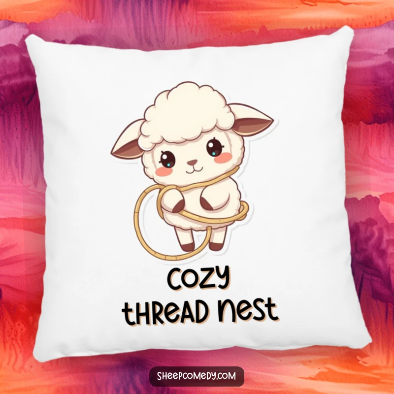Funny Sheep Pillow displays a sheep playfully tangled in yarn, adding whimsical humor and soft comfort for crafters and sheep enthusiasts.