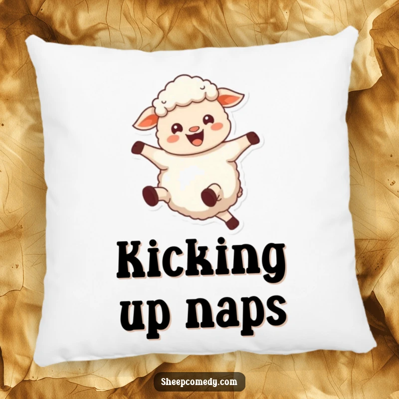 Funny sheep pillow featuring a joyful sheep bleating and kicking its legs, soft and happiness-filled home decor.