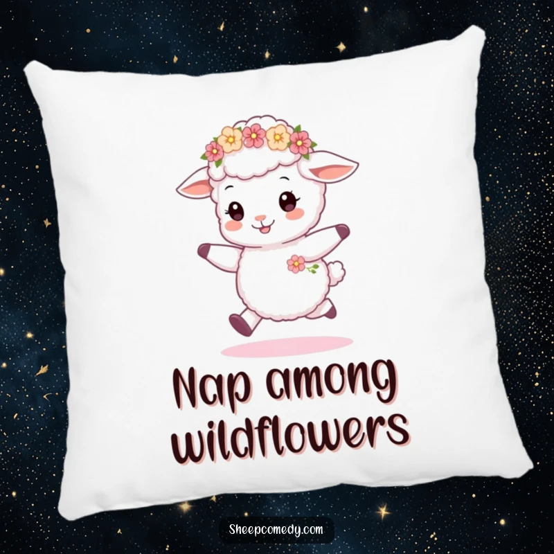Funny sheep cub skipping pillow, decorated with a charming flower wreath, offering a soft and joyful decorative accent.