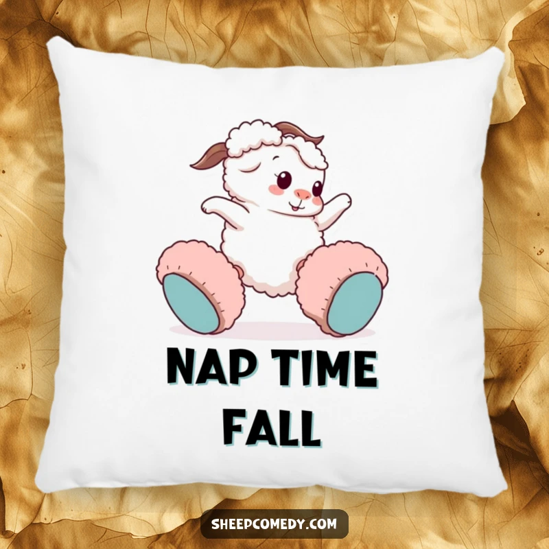 Funny sheep pillow: a playful sheep character comically trips with huge fuzzy slippers, offering soft humor and comfort.