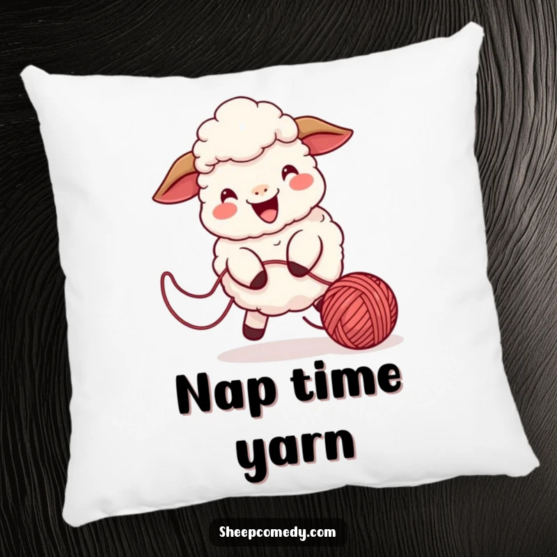 Funny sheep pillow depicting a playful character chasing a bouncing ball of yarn, a soft and cheerful decorative item.