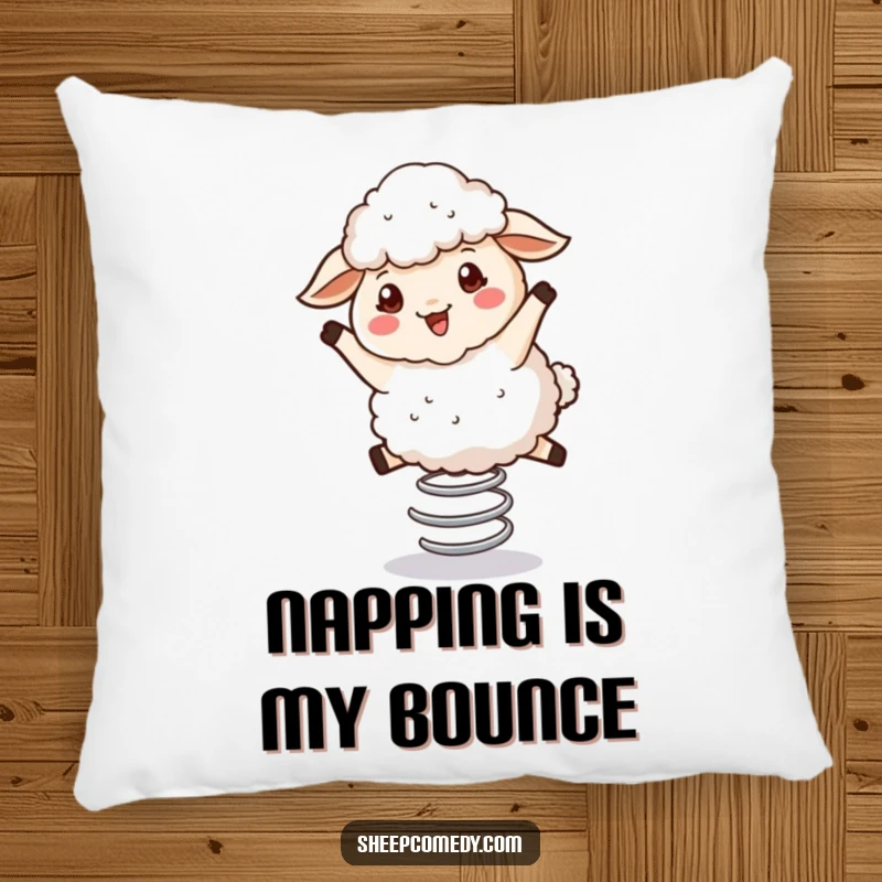 Funny Bouncing Sheep Pillow: A fluffy sheep character happily bouncing on a spring, soft and humorous decorative pillow.