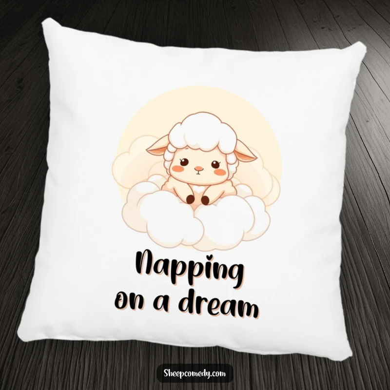 Funny sheep pillow, contented sheep sighing happily in soft clouds, plush comfort and whimsical humor, a funny gift.