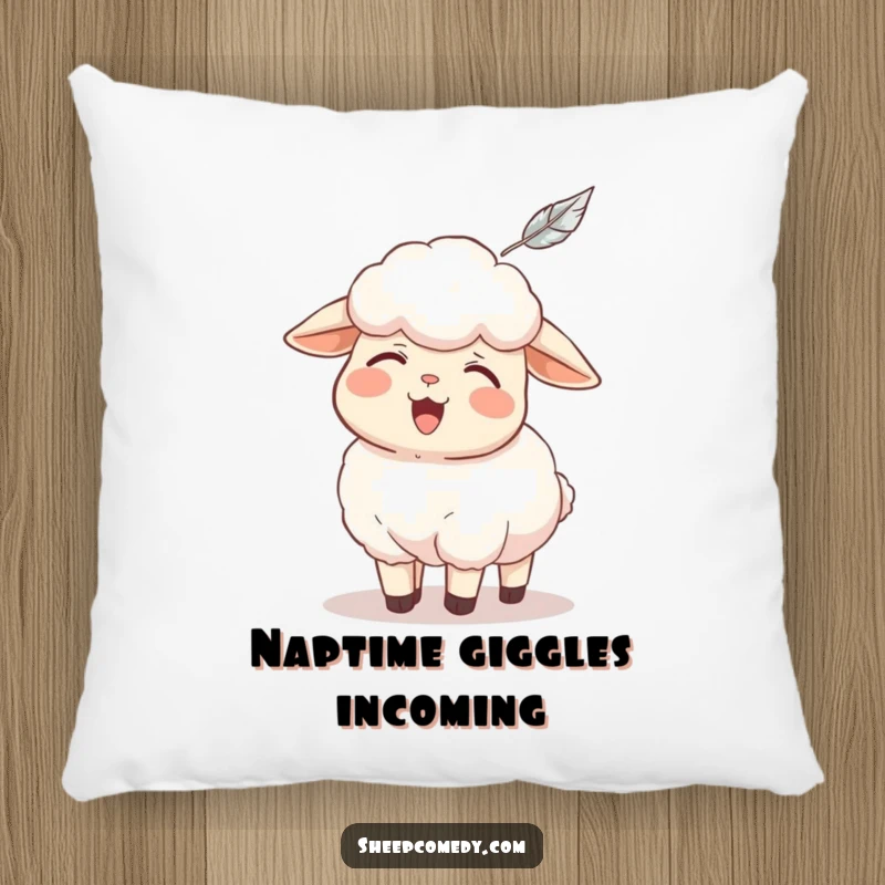Funny sheep pillow, a sheep character is shown in a fit of giggles from a light feather tickle, soft humorous gift.