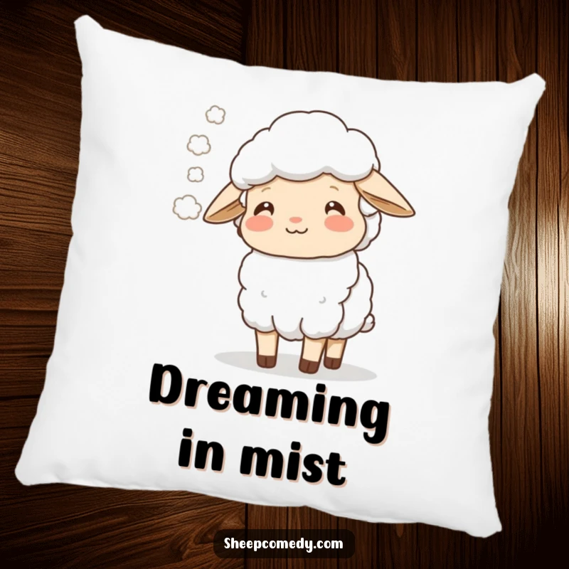 Funny sheep character breathing out a soft mist with a happy sigh, making this pillow a cozy highlight.
