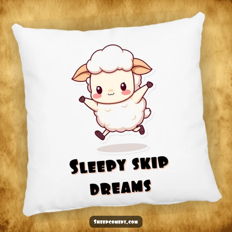 Funny sheep performing a silly skip with its wool bouncing, making this pillow a soft and humorous addition.