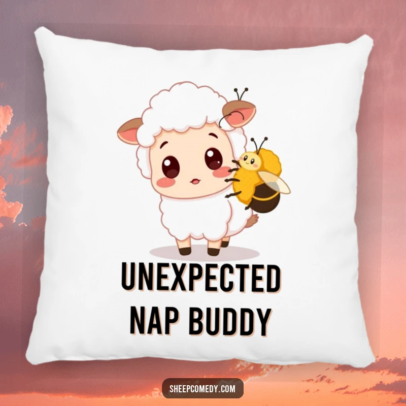 Funny Sheep Pillow displays a surprised sheep being nudged by a bumblebee, adding whimsical humor and soft comfort to decor.