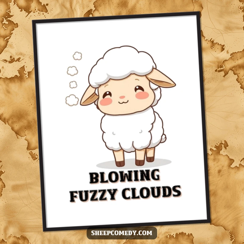 Funny sheep character blowing a soft mist cloud with a happy exhale, perfect for digital art prints.