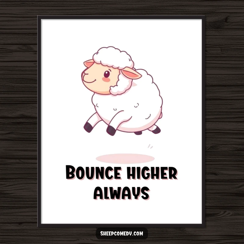Funny kawaii sheep leaping digital art print, depicting a fluffy sheep in a joyful bounce, ready for instant display.