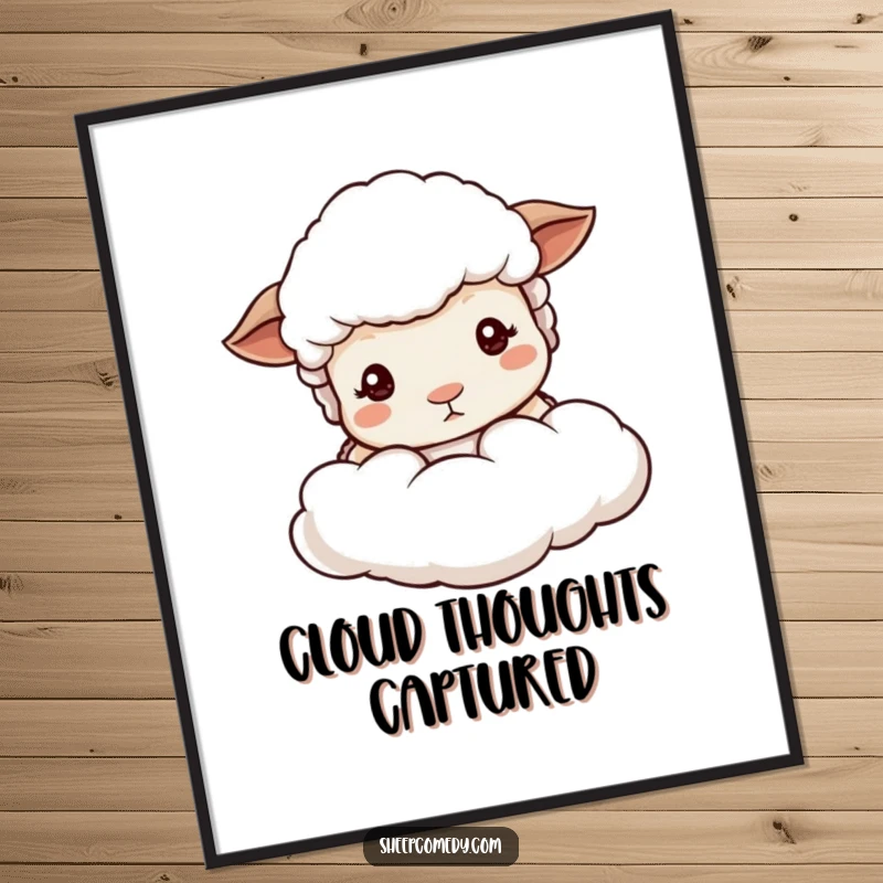 Funny sheep peeking digital art print, depicting a sheep with mild eyes behind a soft cloud, ready for instant display.