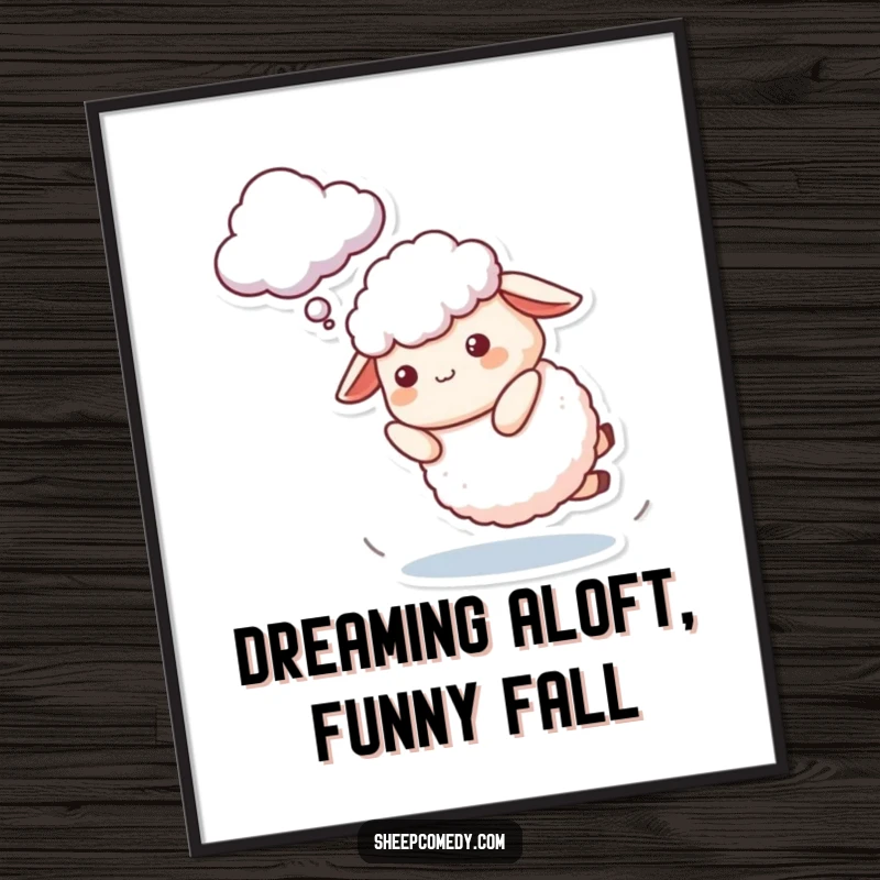 Funny Sheep Digital Art Print showing a character playfully tripping while trying to catch a cloud, conveying humorous ambition and relatable clumsiness.