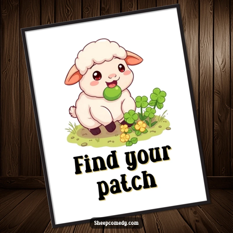 Funny sheep digital art print of a happy sheep munching on a hidden clover patch, perfect for instant serene decor.