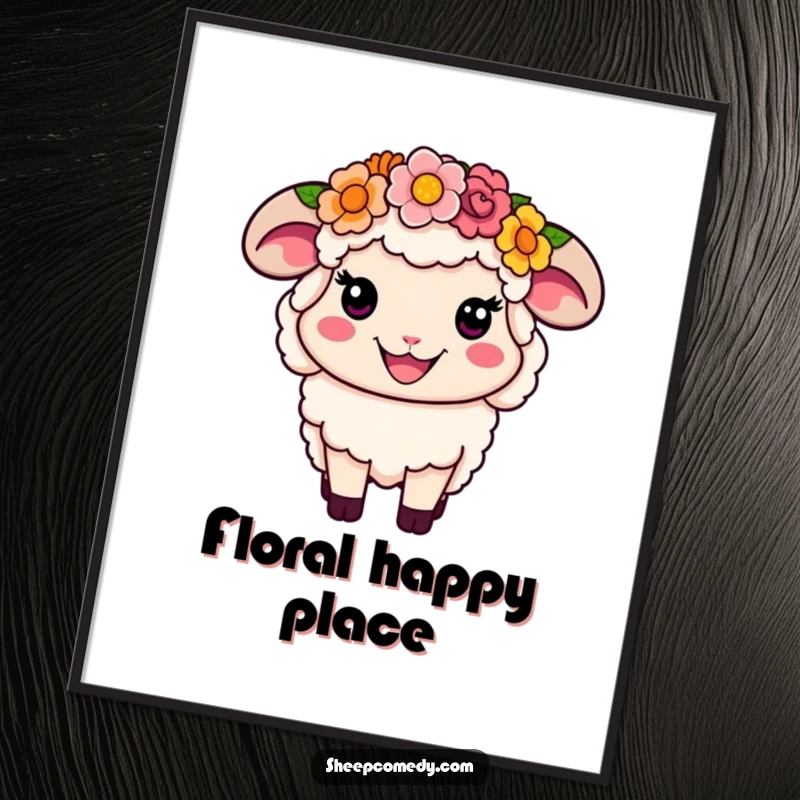 Funny Flower Crown Sheep Digital Art: Smiling sheep wearing a colorful flower crown, instant downloadable cheerful art.