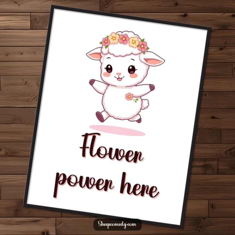 Funny sheep cub skipping digital art print, depicting a joyful sheep with a flower wreath, ready to be printed and displayed.