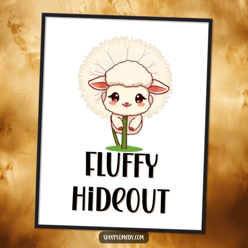Funny Sheep digital art print of a sheep peeking from a fluffy dandelion, humorous decor.