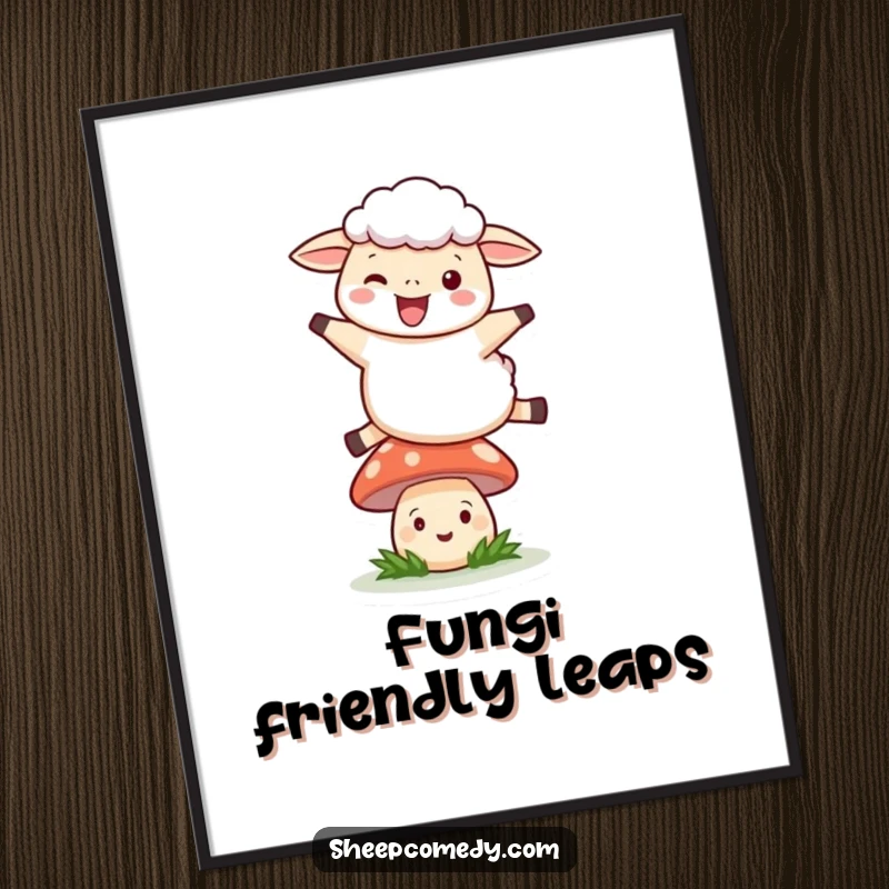 Funny Leaping Sheep Digital Art: Sheep joyfully leaping over a smiling mushroom, instant downloadable whimsical art.
