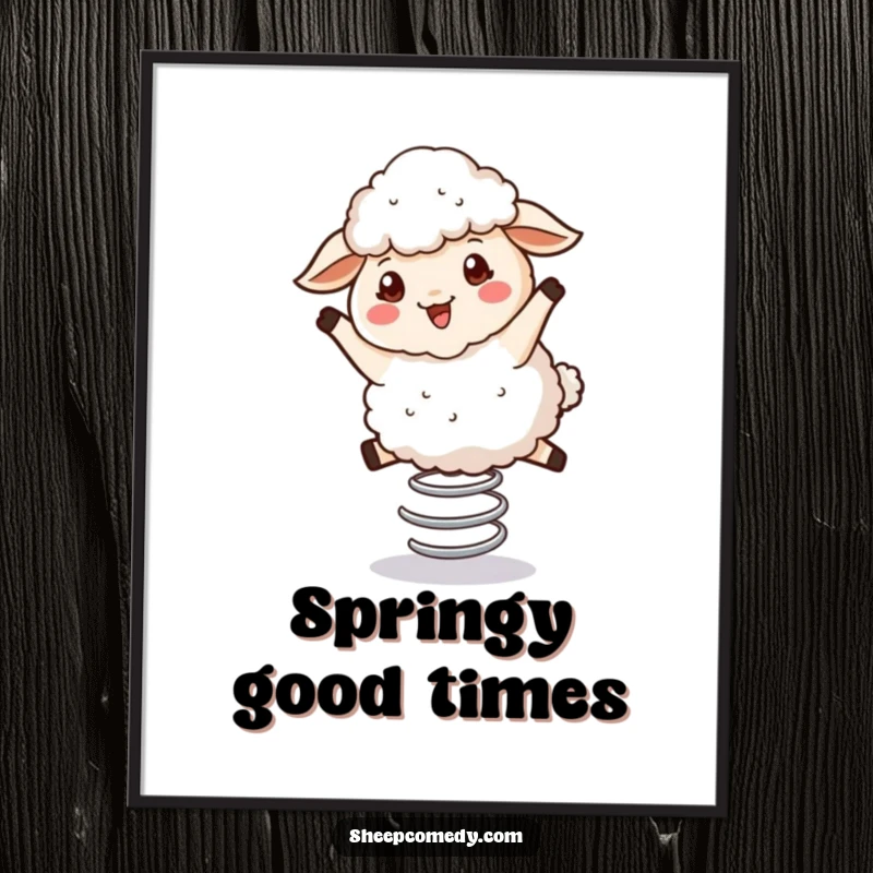 Funny Bouncing Sheep Digital Art: Fluffy sheep character happily bouncing on a spring, instant downloadable cheerful art.