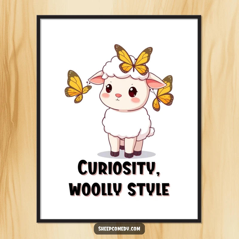 Funny sheep digital art print, curious sheep watching a butterfly, whimsical and charming, instant wall decor, funny gift.