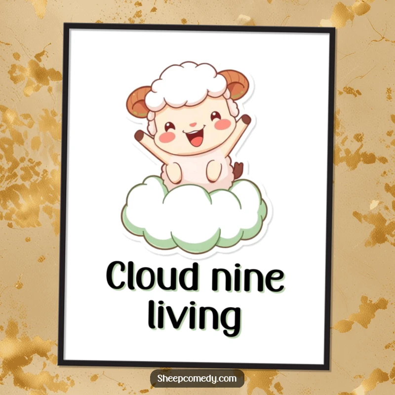 Funny Sheep Digital Art Print: Sheep character bouncing on a fluffy green cloud, instant downloadable whimsical and humorous artwork.