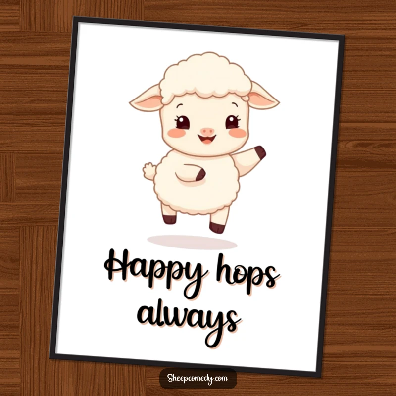 Funny sheep cub hop digital art print, depicting a happy lamb doing a gentle, bouncy hop, ready for instant display.