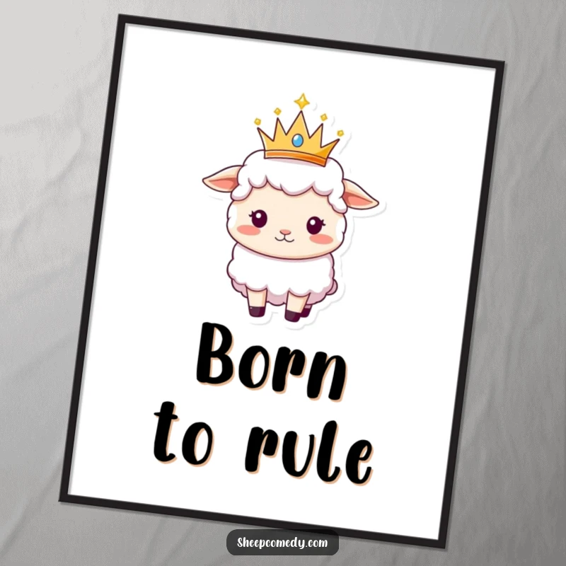Funny Sheep digital art print of a sheep balancing a small, sparkly crown, embodying fluffy royalty.