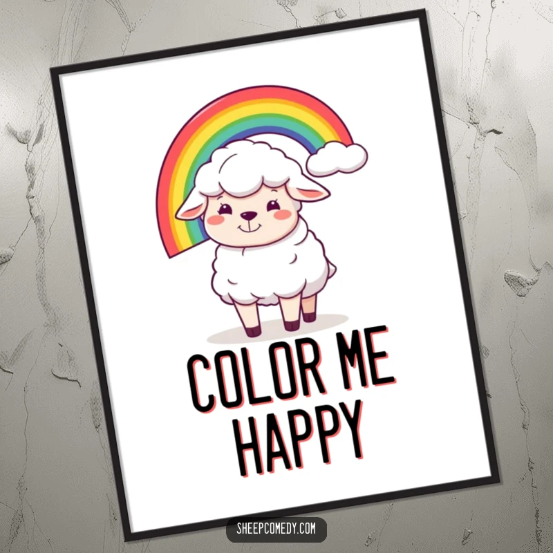 Funny digital art print of a sheep with a silly grin humorously balancing a rainbow, bringing whimsical and cheerful vibes digitally.