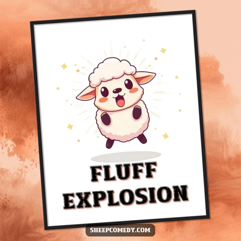 Funny digital art print of a surprised sheep character leaping back from a bursting, sparkling pom-pom, ready to add comical surprise.