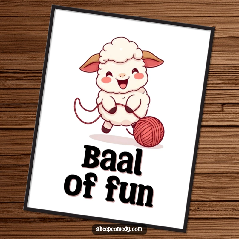 Funny sheep digital art print of a playful character chasing a bouncing ball of yarn, full of cheerful energy.
