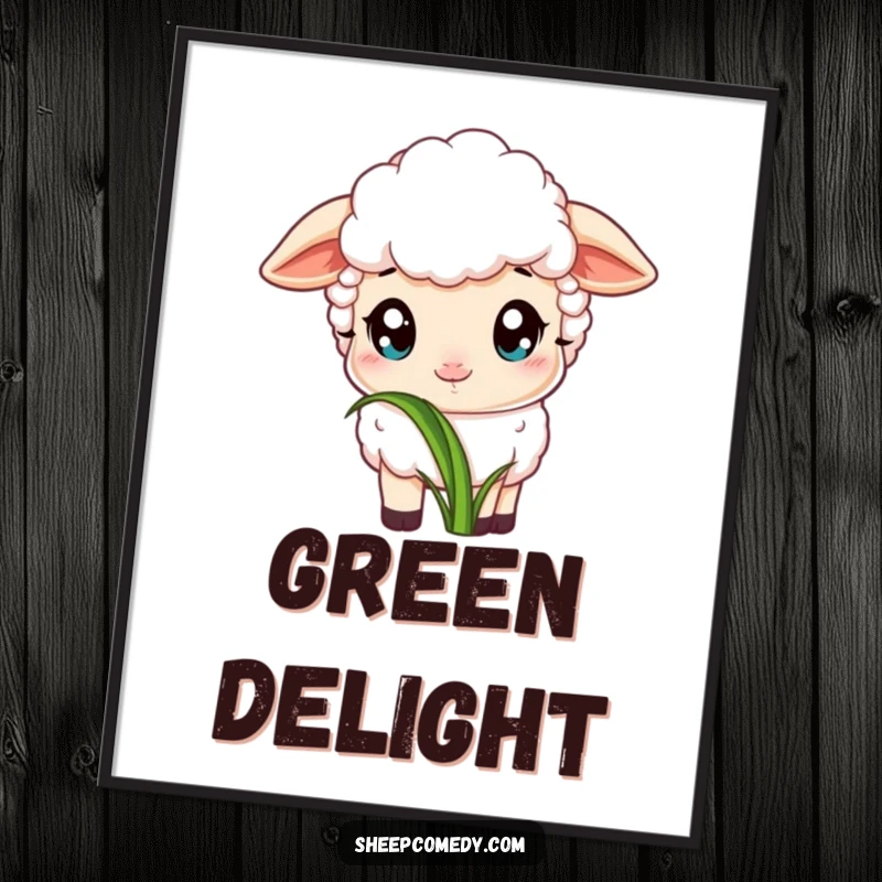 Funny digital art print of a sheep with wide, innocent eyes, peacefully nibbling on a particularly tasty and vibrant blade of grass.