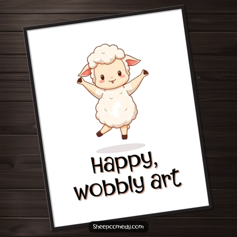 Funny Sheep digital art print of a sheep doing a wobbly, happy pirouette, humorous decor.