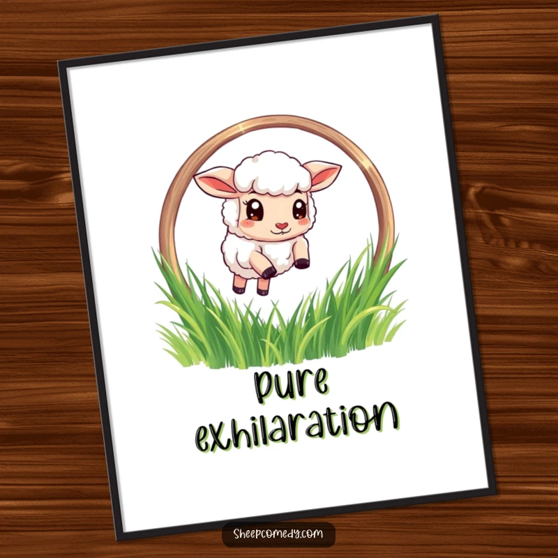 Funny Sheep Digital Art: A determined sheep character powerfully leaping through a shimmering grass hoop, offering instant humorous wall decor.