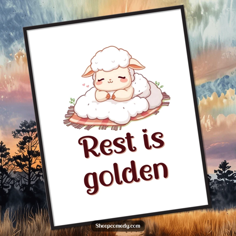 Funny digital art print of a sheep taking a happy sigh nap on a picnic blanket, bringing serene and humorous vibes digitally.