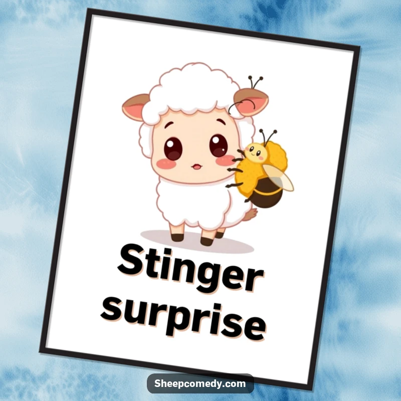 Funny Sheep Digital Art Print shows a surprised sheep being nudged by a bumblebee, ready to be printed and displayed, adding humor to any space.