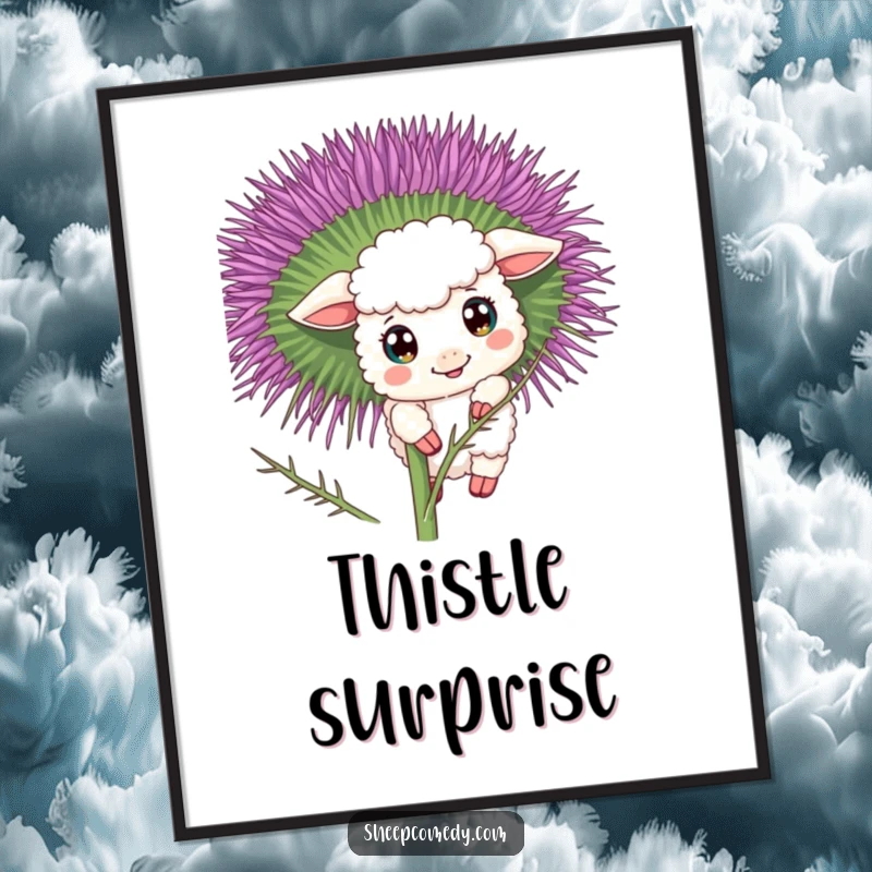 Funny sheep digital art print of a curious character peeking from behind a thistle, eyes wide with delightful discovery.