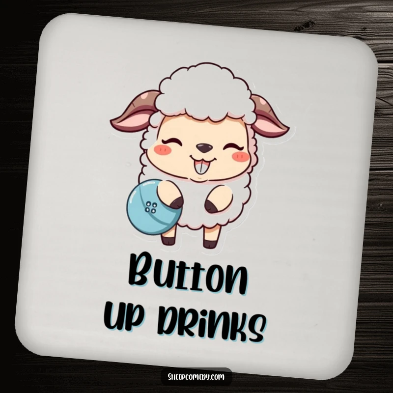 Funny sheep drink coasters featuring a mischievous sheep nudging a lost button, protecting surfaces with humor.