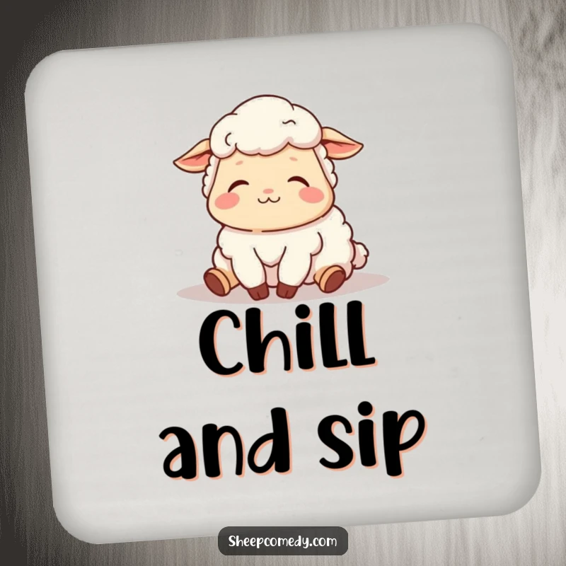 Funny drink coaster featuring a sheep character sighing contentedly while napping in the sun, protecting surfaces with charm.