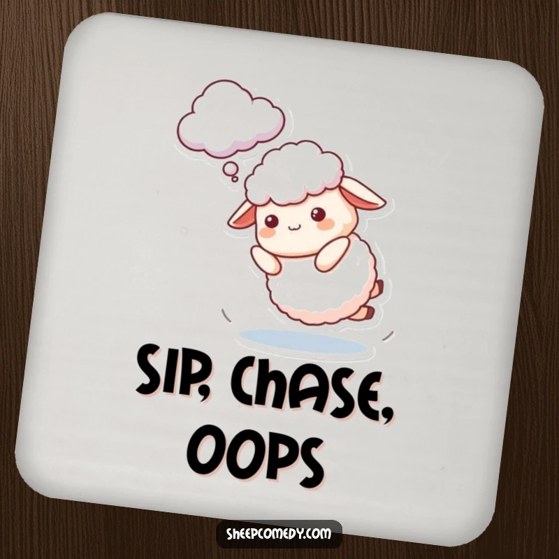 Funny Sheep Coaster featuring a character playfully tripping while attempting to catch a cloud, protecting surfaces with relatable humor.
