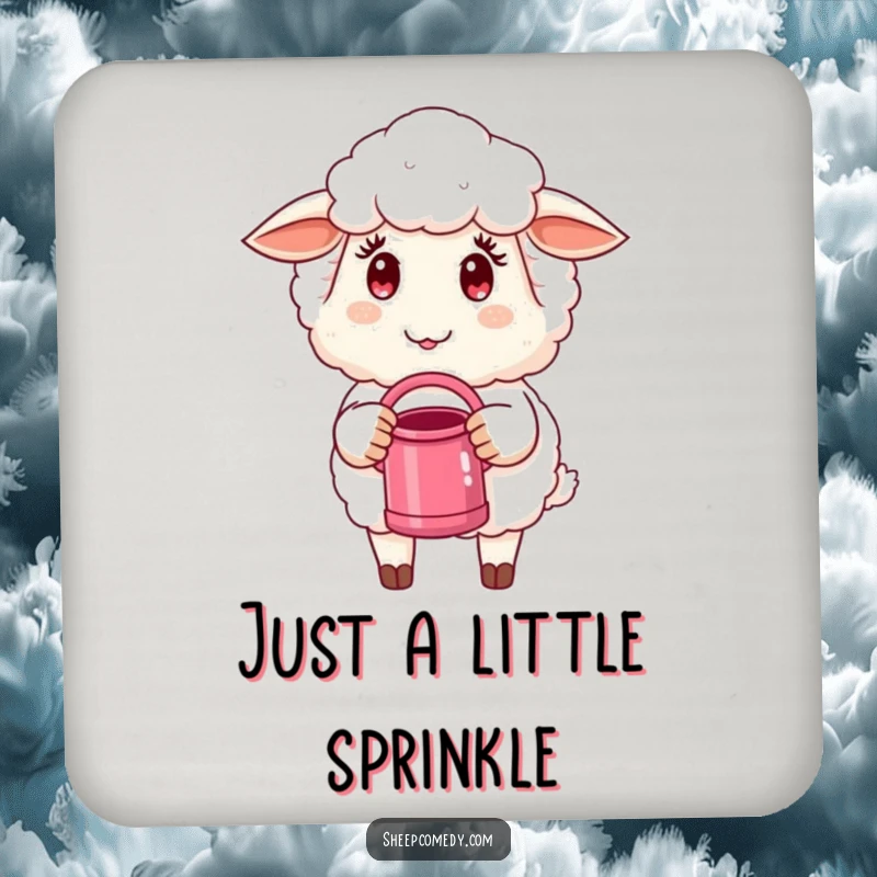 Funny Sheep Coaster: A sheep character with a mischievous twinkle holds a tiny watering can, adding humor to your drink.