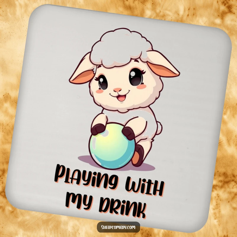 Funny Sheep Coaster: A sheep character with a delighted expression playing with a shiny ball, adding fun to your drink.