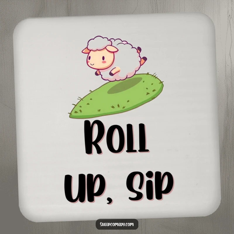 Funny Sheep Coasters: Set featuring a sheep character energetically rolling down a grassy slope, adding humorous energy.