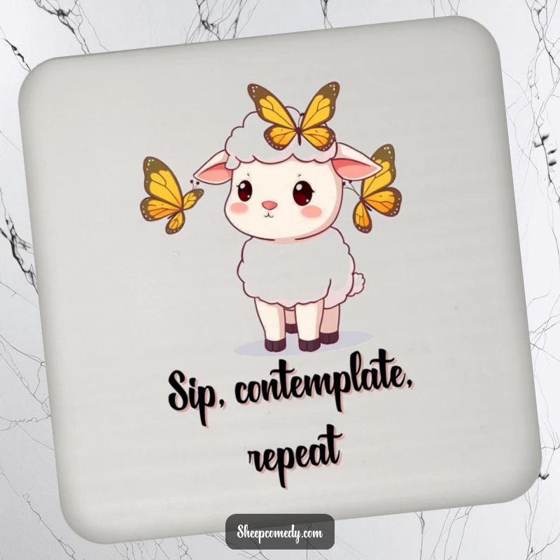 Funny sheep coaster, sheep curiously observing a butterfly, protects surfaces, adds whimsical charm, a funny gift.